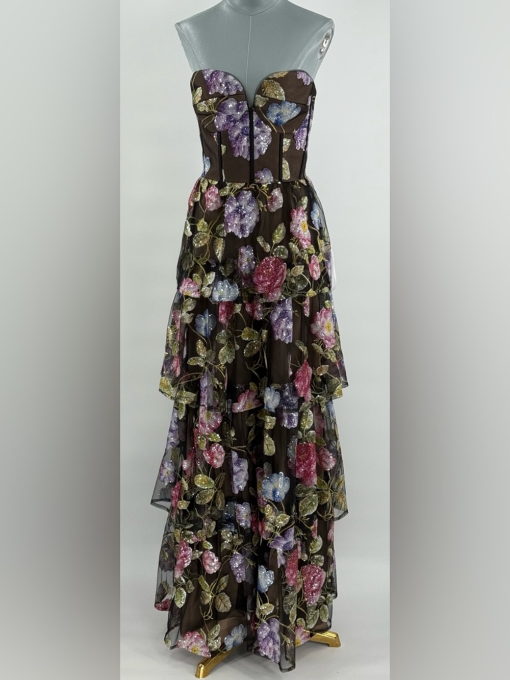 🆕 DRESS THE POPULATION 🧿 NWT Layana Strapless Tiered Floral Sequin Gown - Sz M - Picture 2 of 14